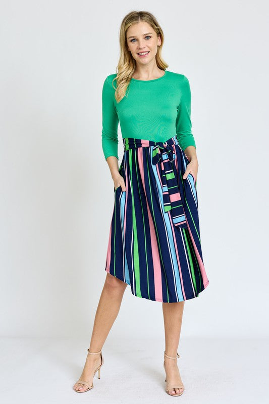 Quarter Sleeve Multi Stripe Sash Midi Dress – Trend Me Now